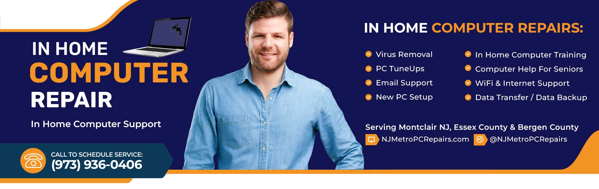 Hero banner with confident smiling computer technician and a list of their in home computer repair services